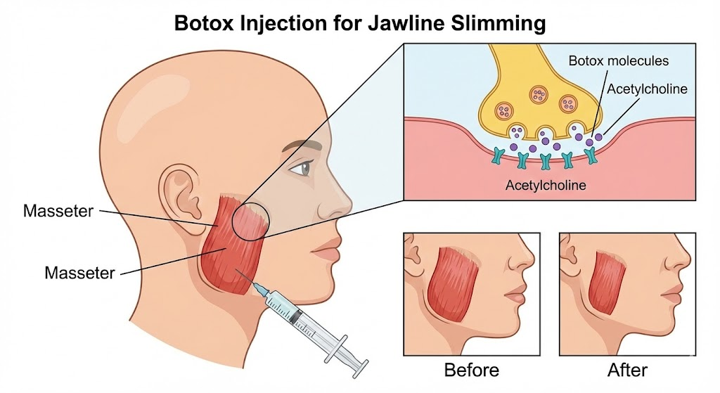 ボツリヌス毒素による顔の引き締めの仕組み図